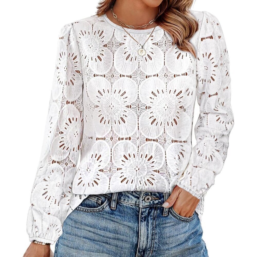 Women Lace Blouse Dainty Flower Elegant Long Sleeve Casual Dressy Top